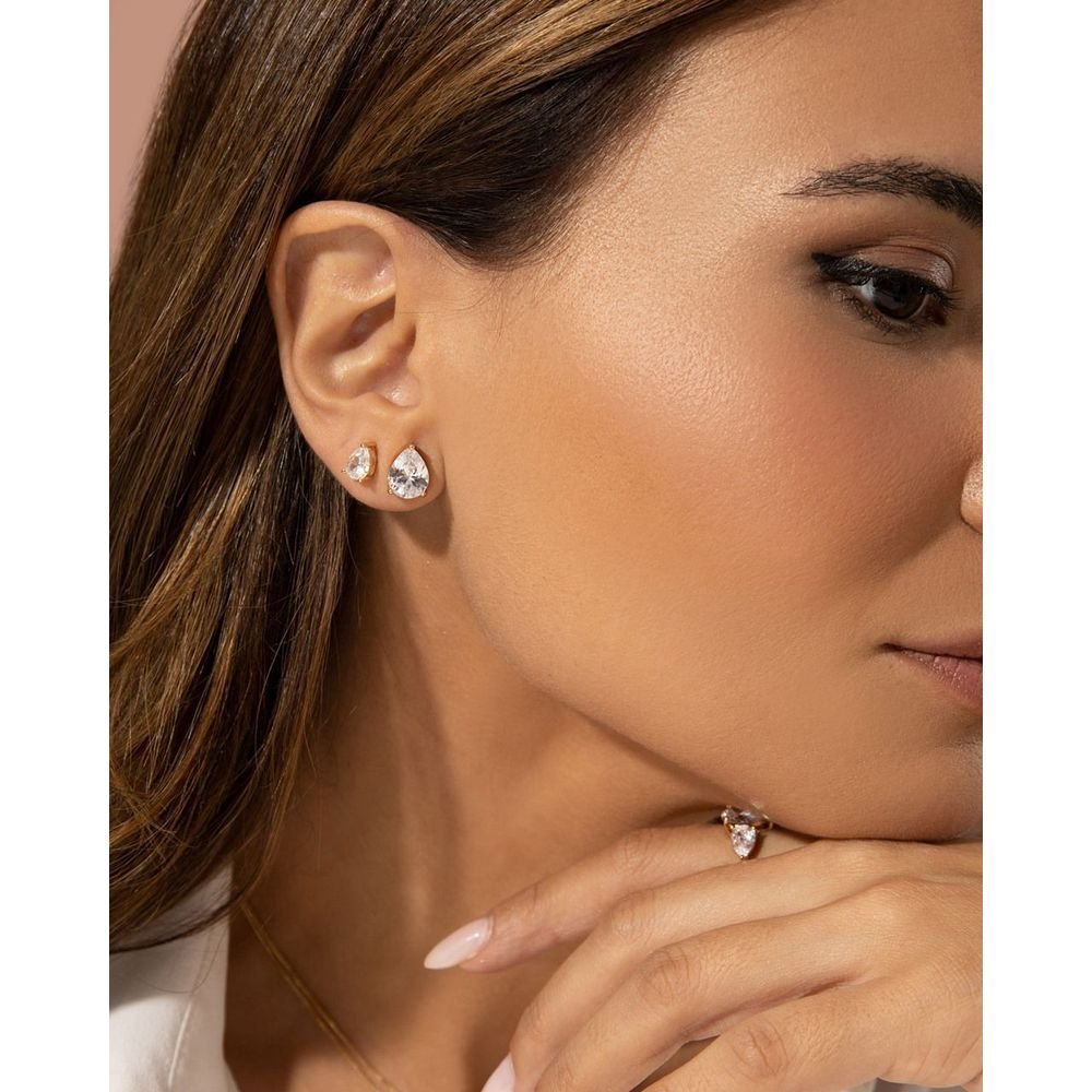 Duo de Brincos Zircônias Gota Semijoia Banho Ouro Dourado 2