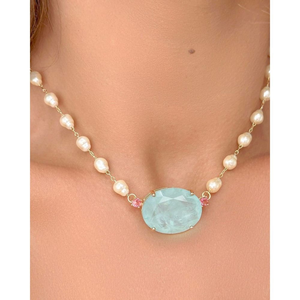 Colar Pérolas Pedra Fusion Turmalina Light Blue Semijoia Dourado 2
