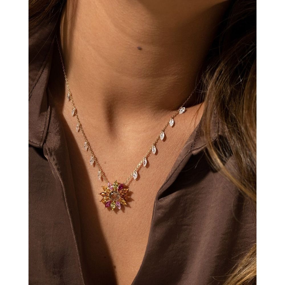 Colar Pingente Estilo Floral Zircônias Coloridas Semijoia Dourado 2