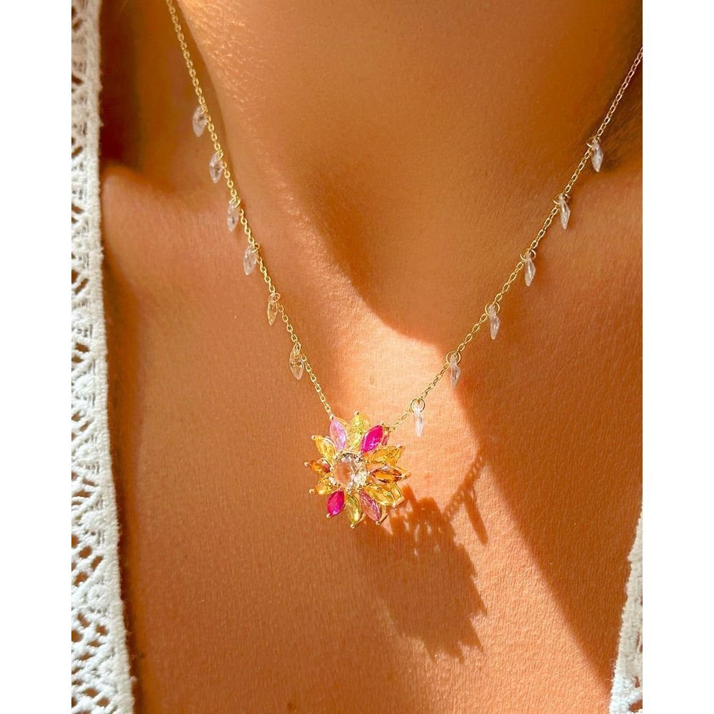 Colar Pingente Estilo Floral Zircônias Coloridas Semijoia Dourado 3
