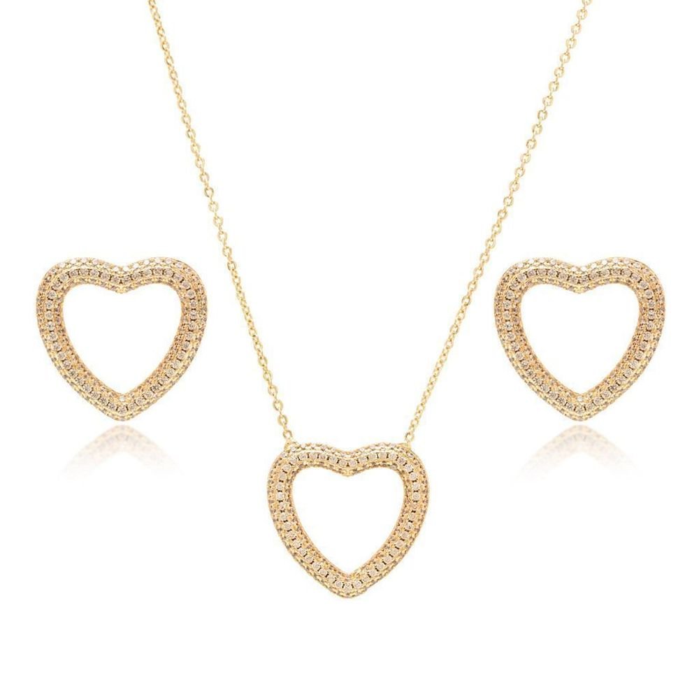 Conjunto Coração Vazado Zircônias Champanhe Semijoia