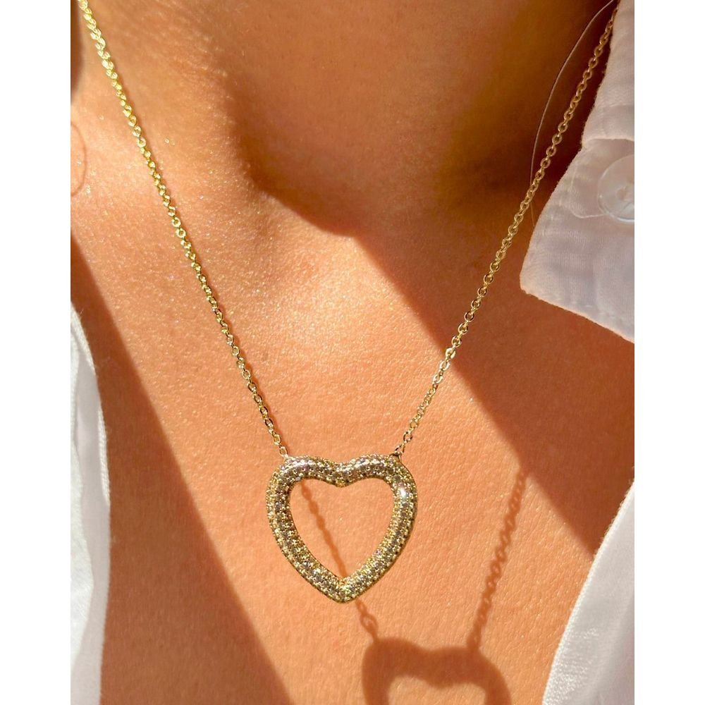 Conjunto Coração Vazado Zircônias Champanhe Semijoia Dourado 2