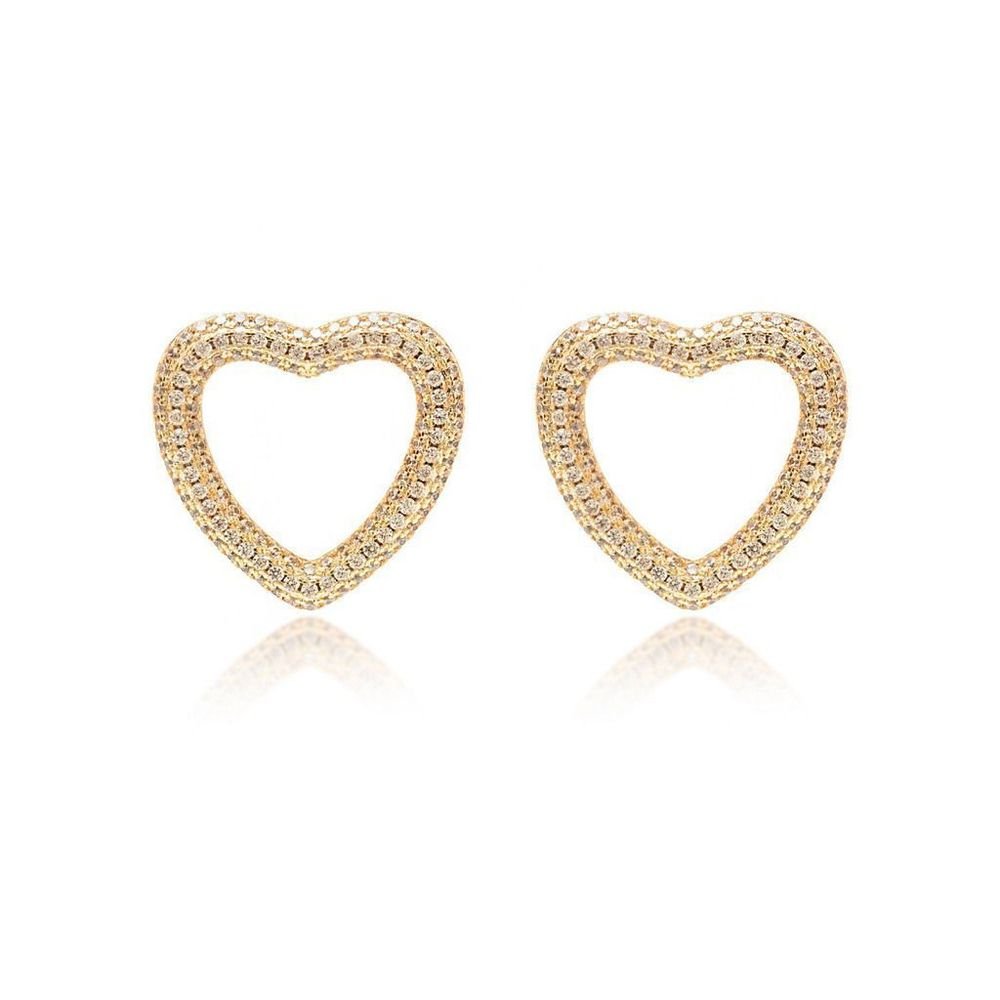 Brinco Coração Vazado Zircônias Champanhe Semijoia