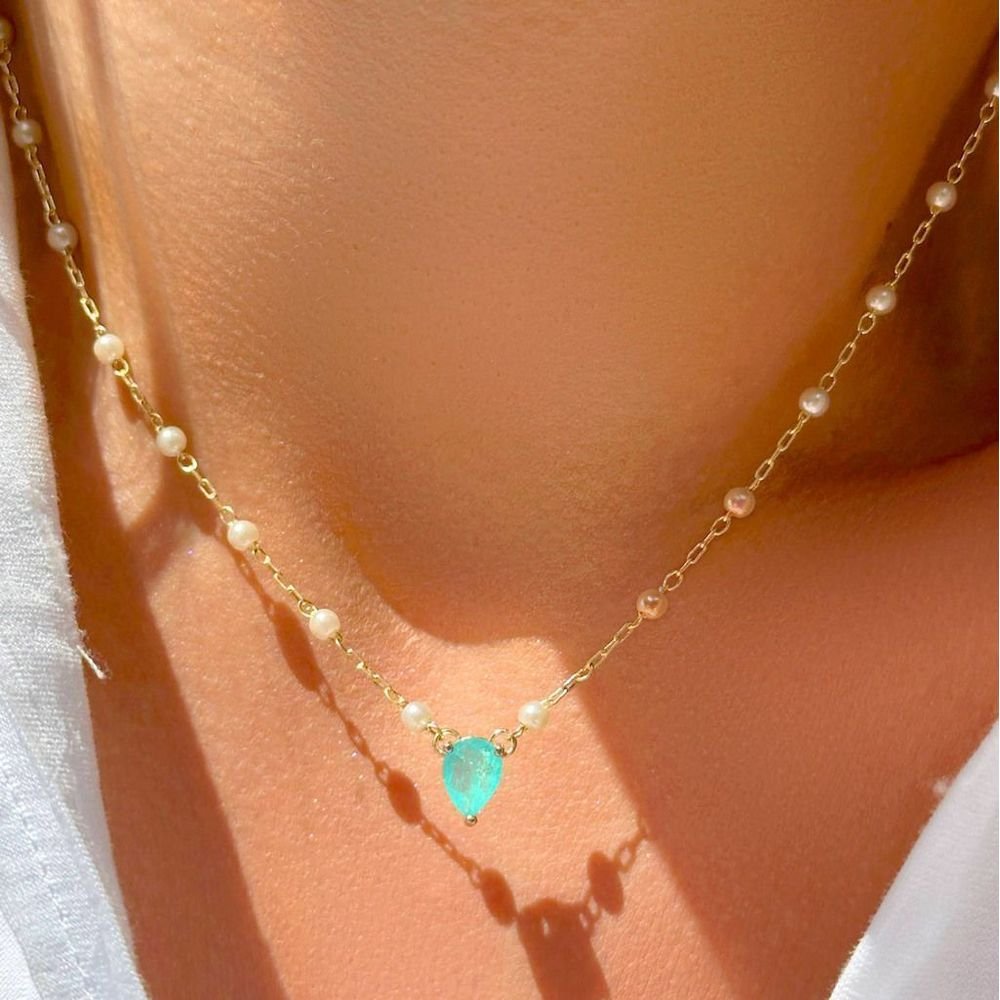 Colar Pérolas Com Gota Fusion Turmalina Semijoia Banho Ouro Dourado 2