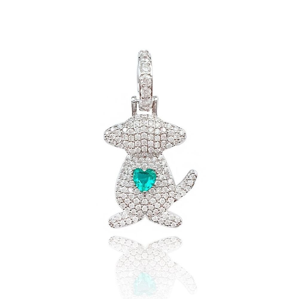 Pingente Cachorro Coração Turmalina Verde Semijoia Rodio