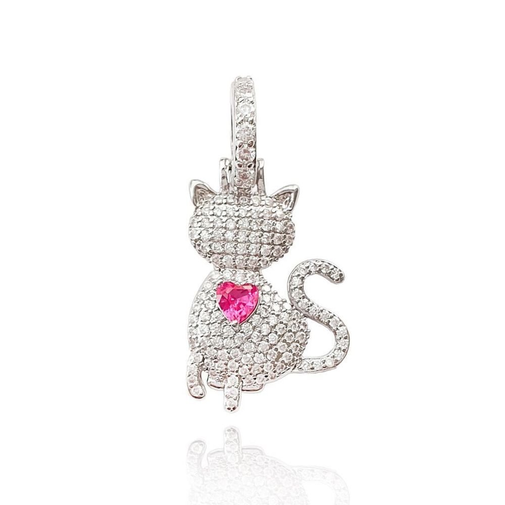 Pingente Gato Coração Turmalina Rosa Semijoia Banho Rodio