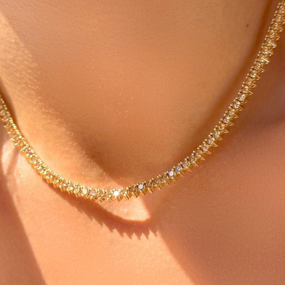 Colar Riviera Zircônias Âmbar Semijoia Fecho Gaveta Dourado 4