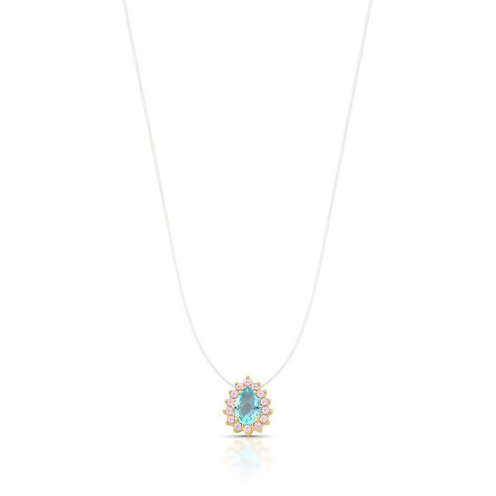 Colar Fio Invisível Pgte Gota Topázio Azul e Rosa Semijoia