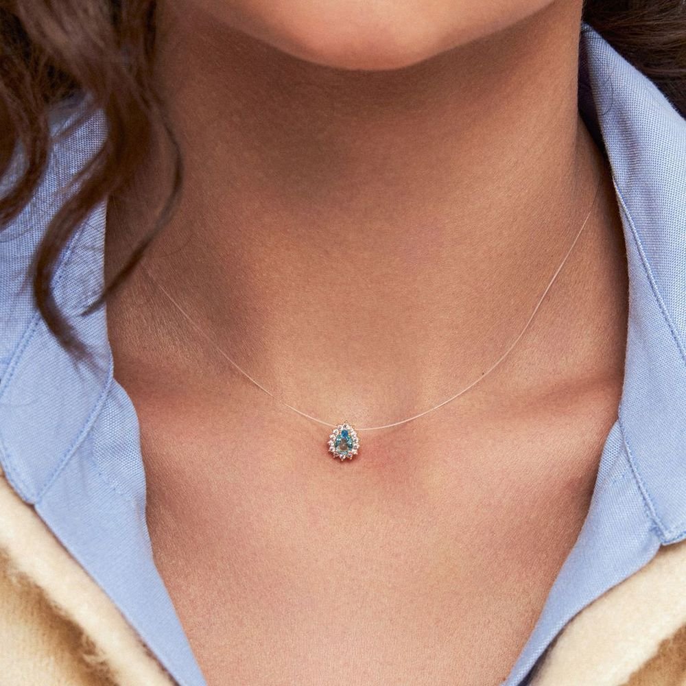 Colar Fio Invisível Pgte Gota Topázio Azul e Rosa Semijoia Prata/Azul 2