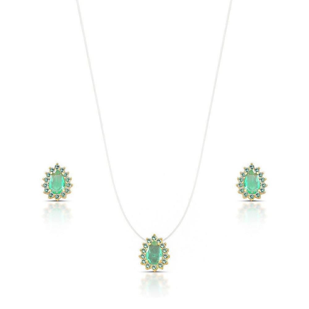 Conjunto Semijoia Colar e Brinco Gota Verde Turmalina Prata/Verde 1