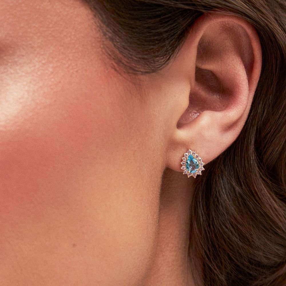 Brinco Gota Zircônias Azul Topázio Semijoia Dourado 2