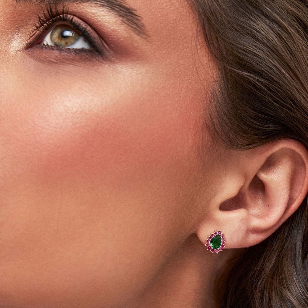 Brinco Gota Zircônias Verde Esmeralda e Rubi Semijoia Rosa/Verde 2