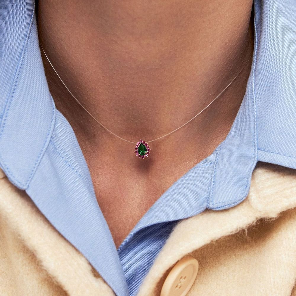 Colar Fio Invisível Pingente Gota Esmerlada e Rubi Semijoia Rosa/Verde 2