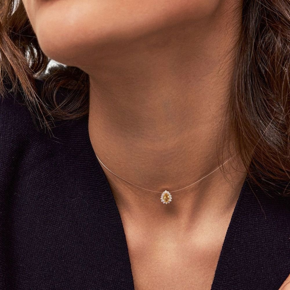 Colar Fio Invisível Pingente Gota Amarelo Citrino Semijoia Amarelo 2