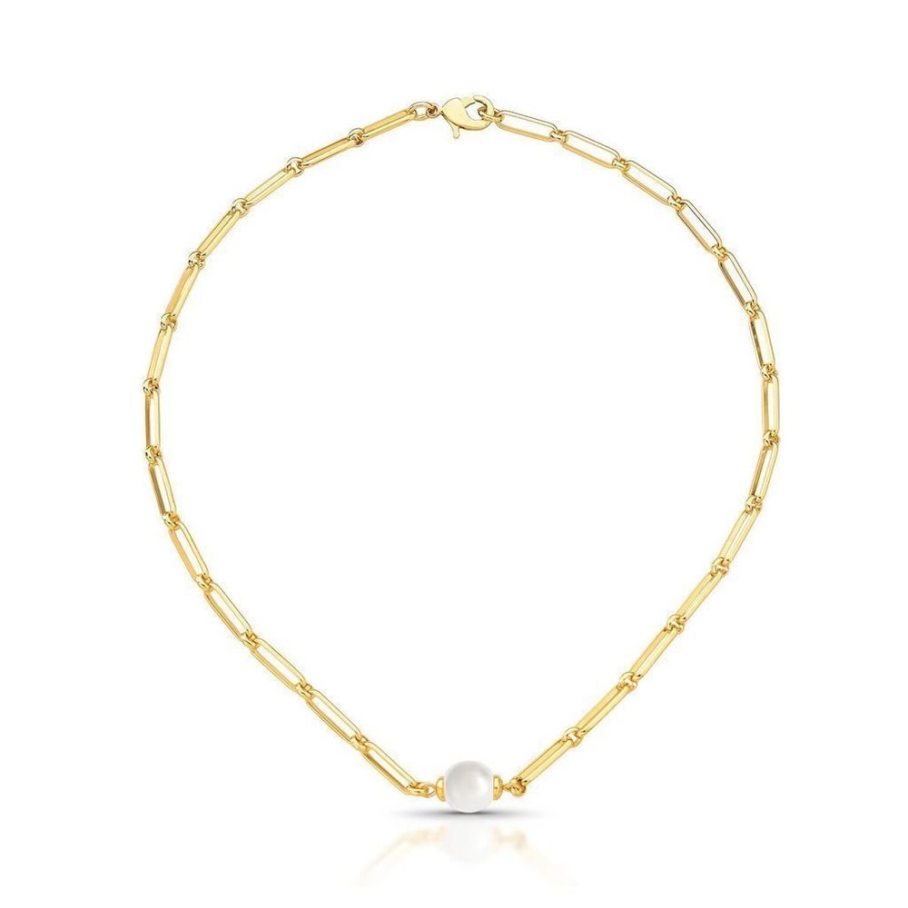 Colar Elos Retangulares com Pérola Água Doce Semijoia