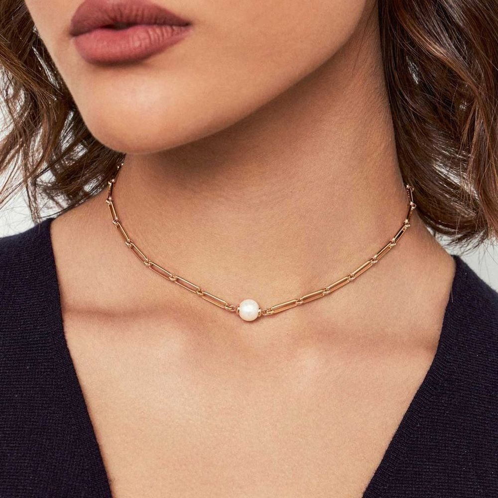 Colar Elos Retangulares com Pérola Água Doce Semijoia Dourado 2