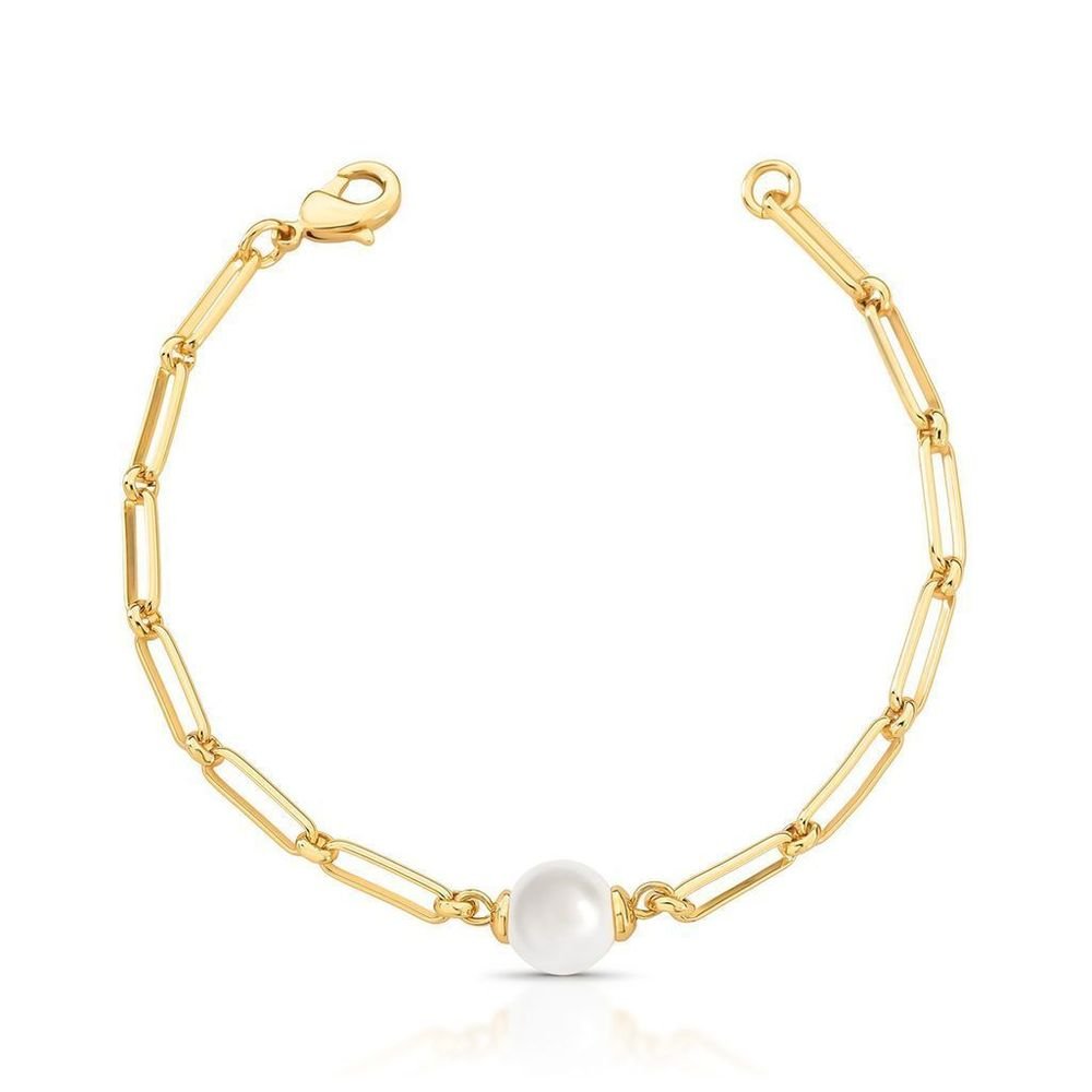 Pulseira Elos Retangulares com Pérola Água Doce Semijoia