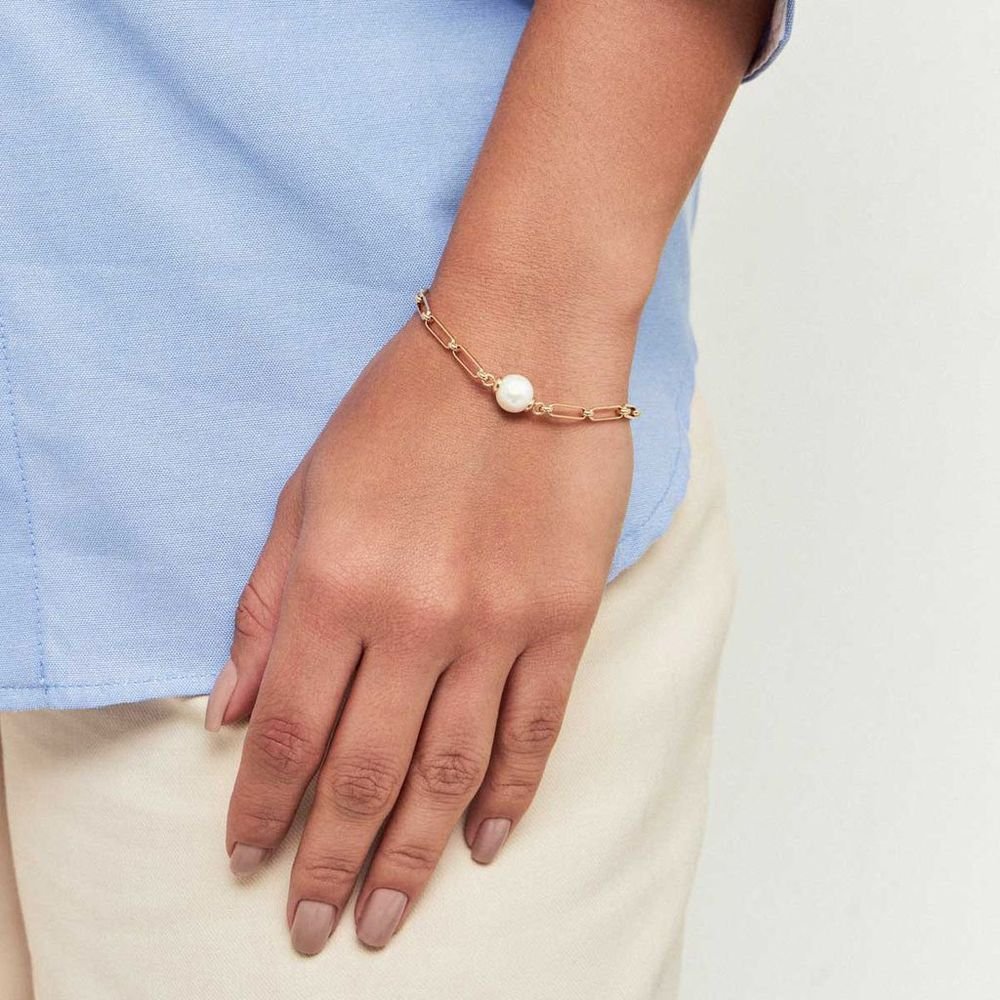 Pulseira Elos Retangulares com Pérola Água Doce Semijoia Dourado 2