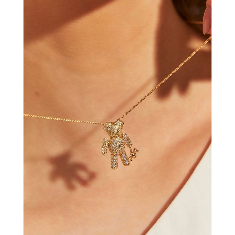 Colar Pingente Urso Teddy Bear Zircônias Semijoia Dourado 3
