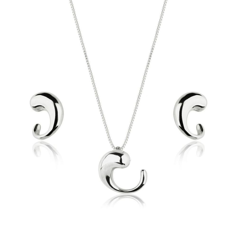 Conjunto Colar Brinco Gota Vírgula Redonda Semijoia Rodio