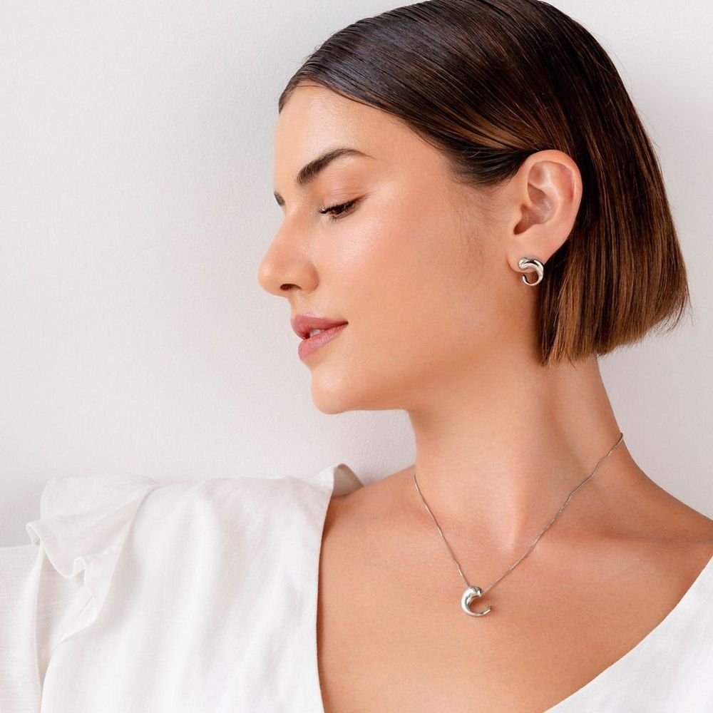 Conjunto Colar Brinco Gota Vírgula Redonda Semijoia Rodio Prata 4