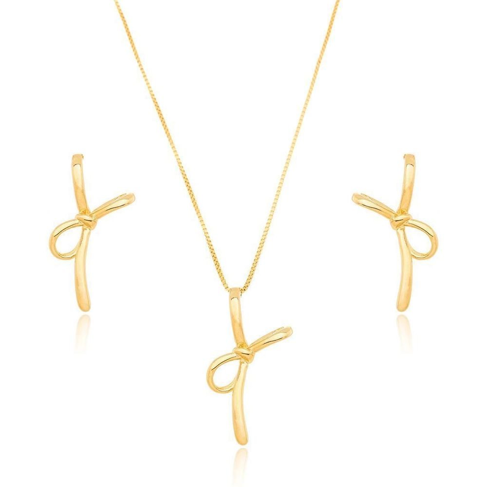 Conjunto Semijoia Colar e Brinco Laço Banho de Ouro
