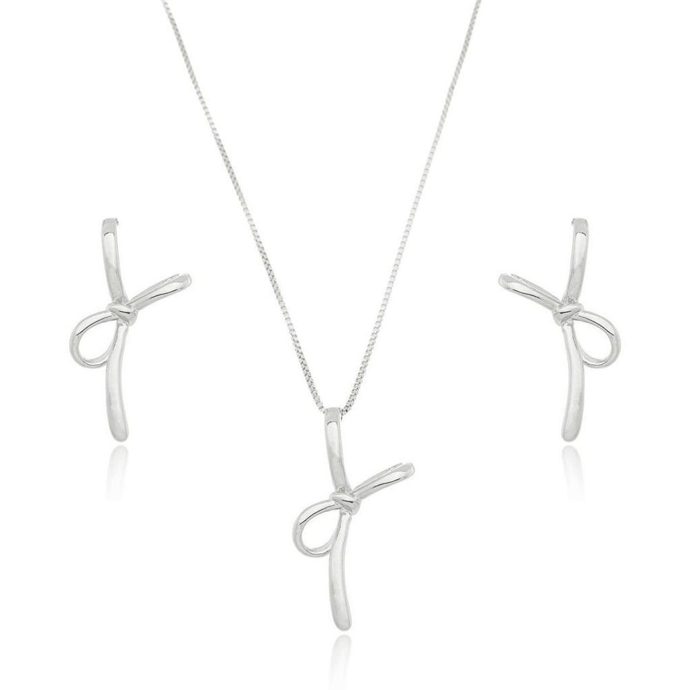 Conjunto Semijoia Colar e Brinco Laço Banho de Rodio