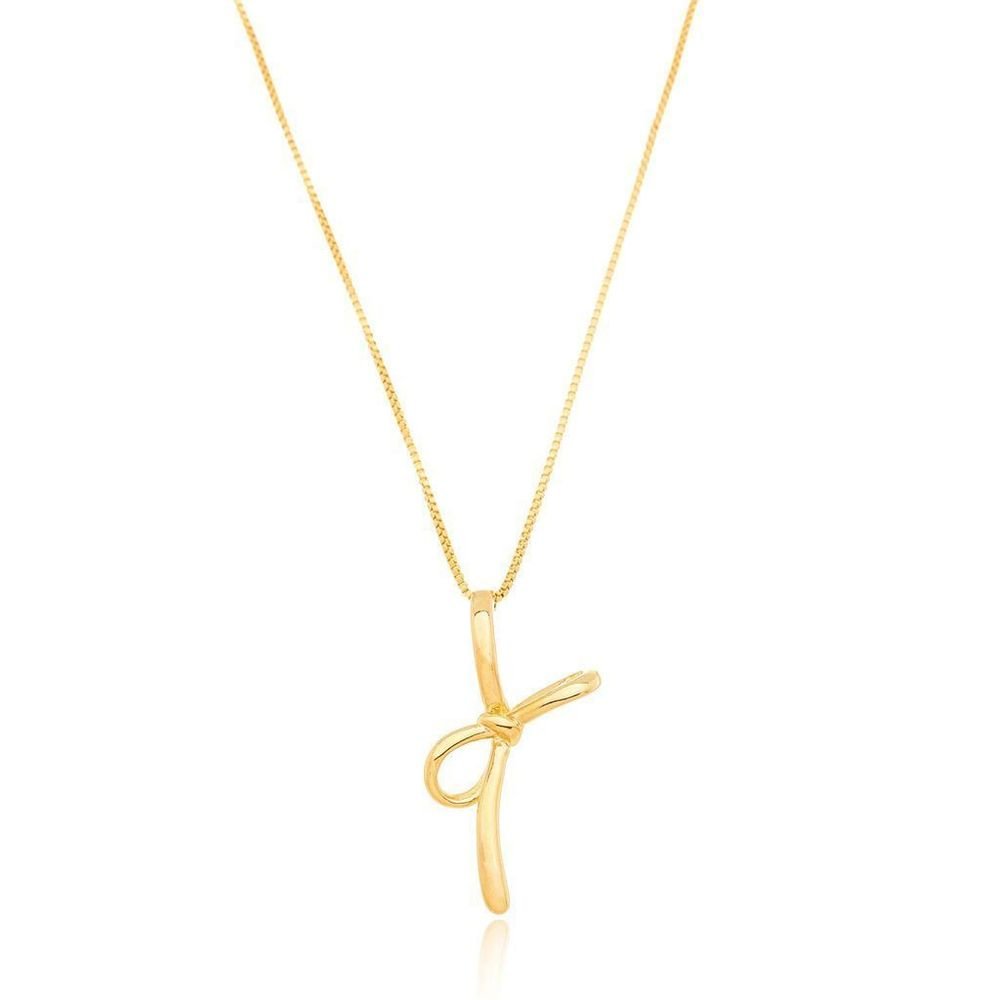 Colar Pingente Laço Liso Semijoia Banho de Ouro Dourado 2