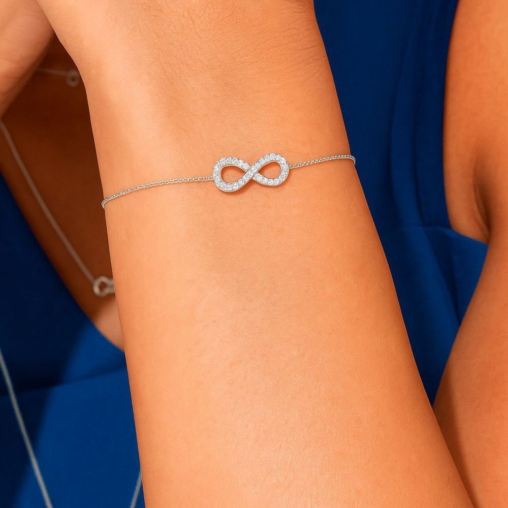Pulseira Ajustável Infinito Zircônias Semijoia Banho Rodio Prata 2