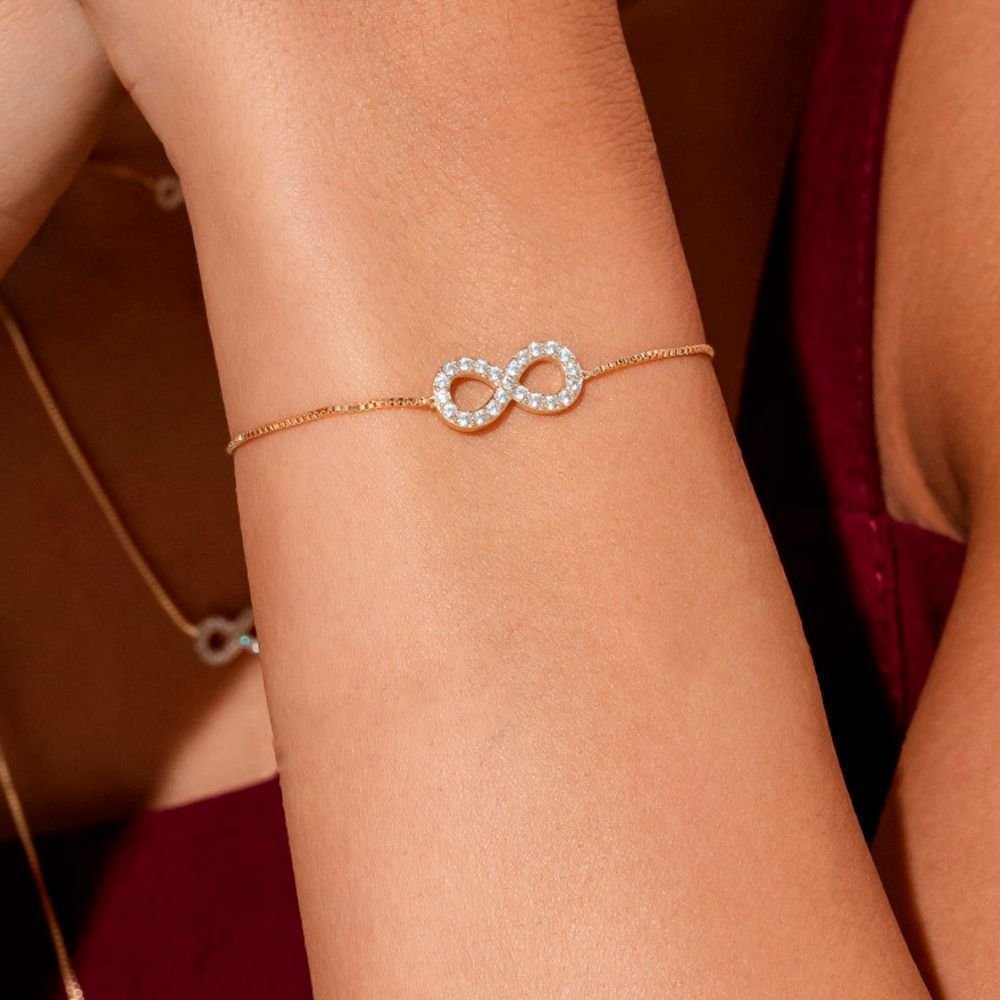 Pulseira Ajustável Infinito Zircônias Semijoia Banho Ouro Dourado 2