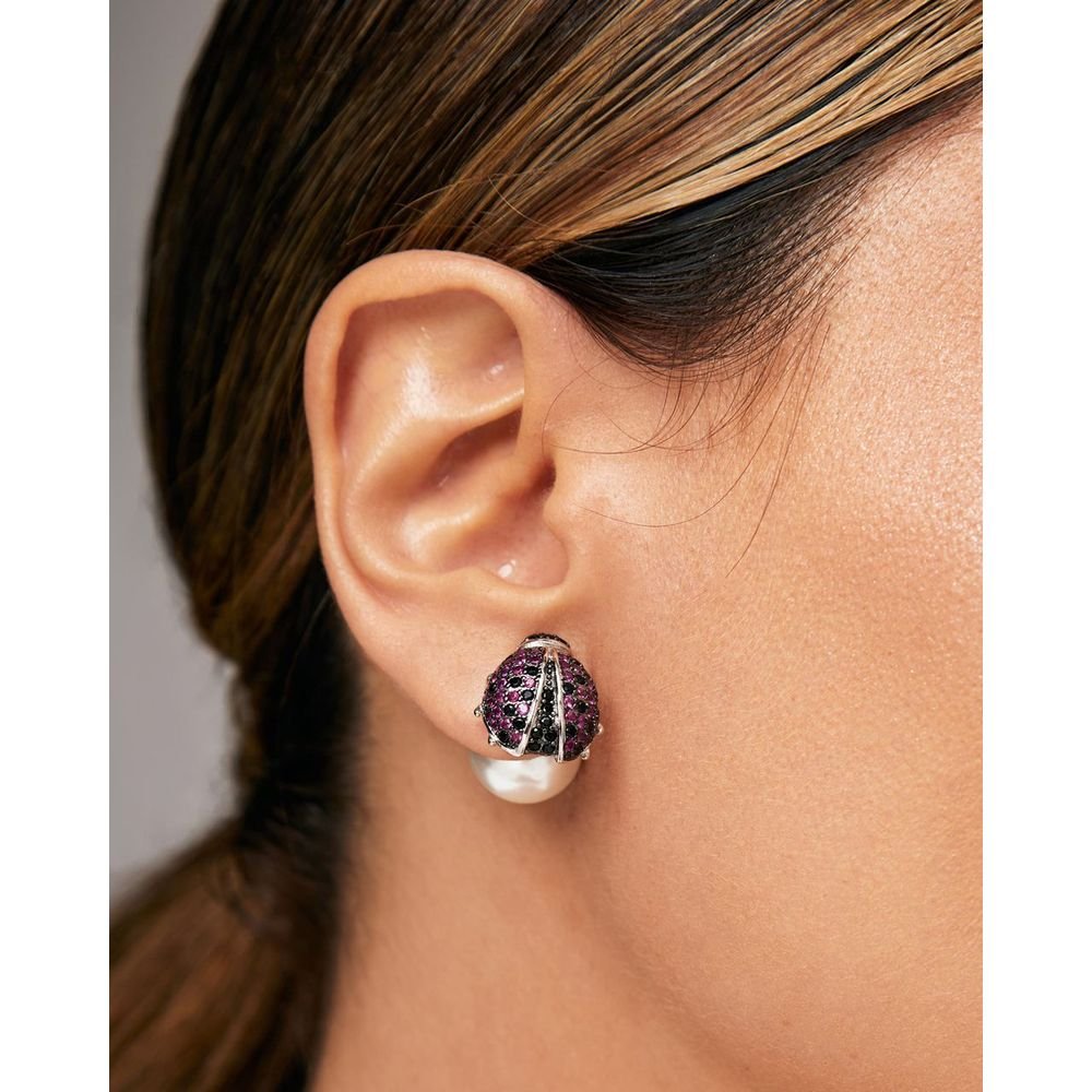 Brinco Joaninha Zircônias Semijoia Banho Rodio Tarraxa Pérola Prata 2