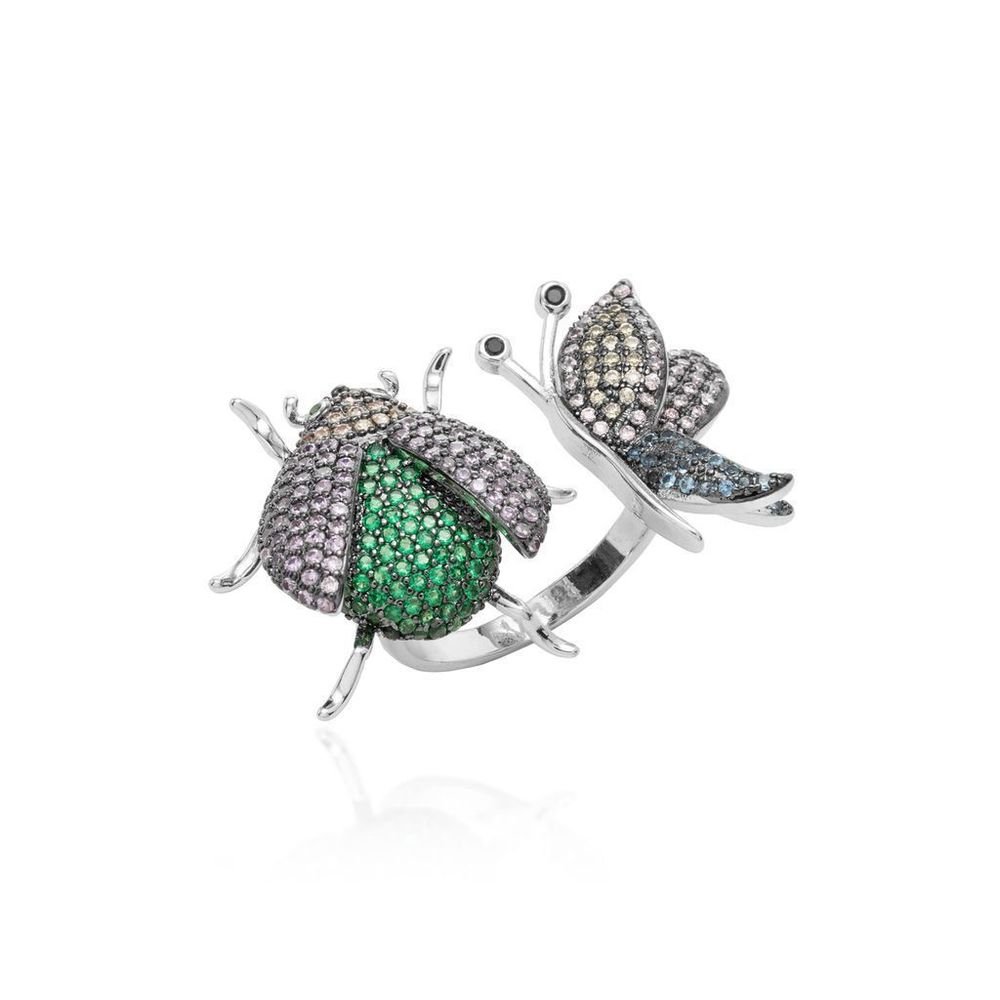 Anel Besouro e Borboleta em Zircônias Semijoia Banho Rodio