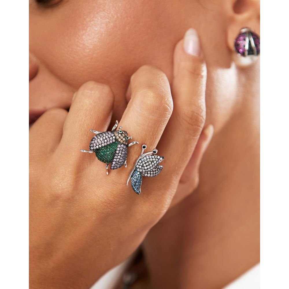 Anel Besouro e Borboleta em Zircônias Semijoia Banho Rodio Prata 2