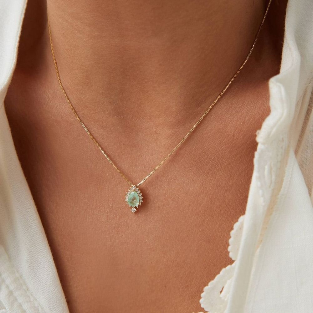 Colar Gota Fusion Esmeralda Colombiana Zircônias Semijoia Dourado/Verde 2