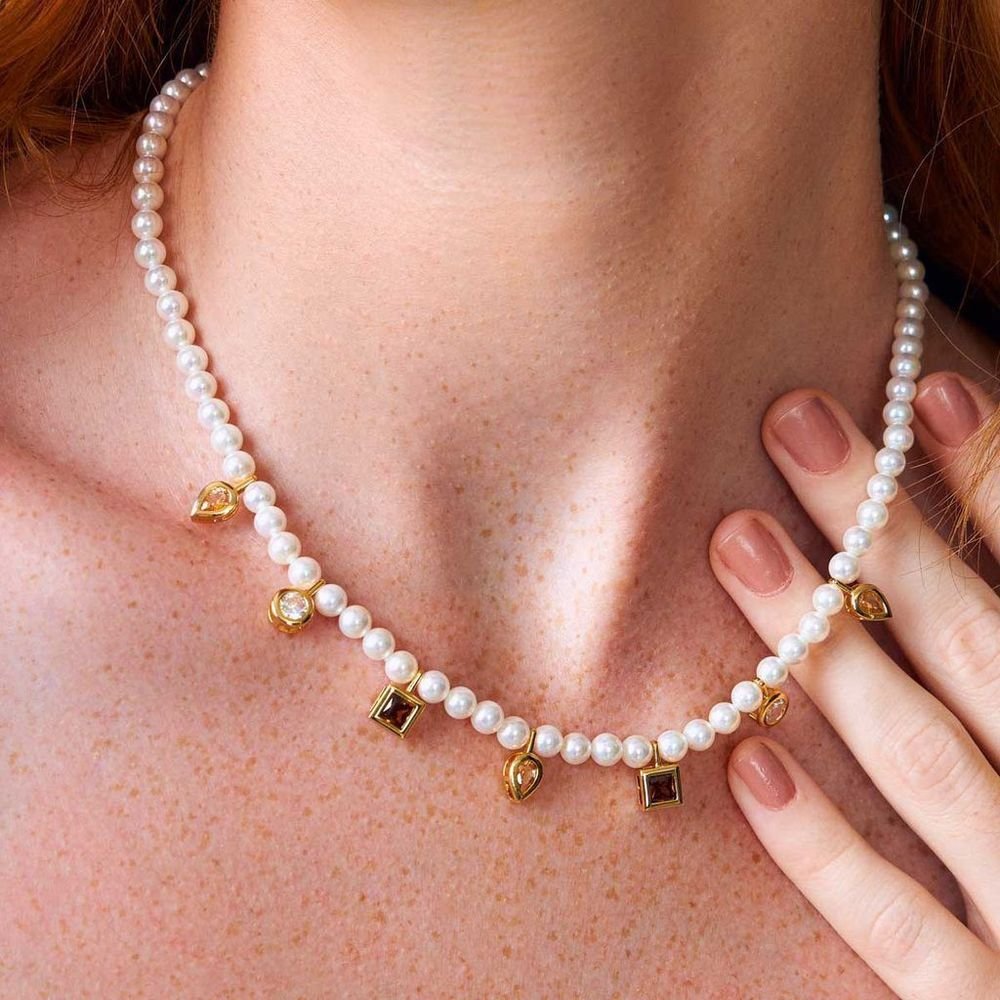 Colar Pérolas Shell Zircônias Cristal Fumê Canário Semijoia Dourado 2