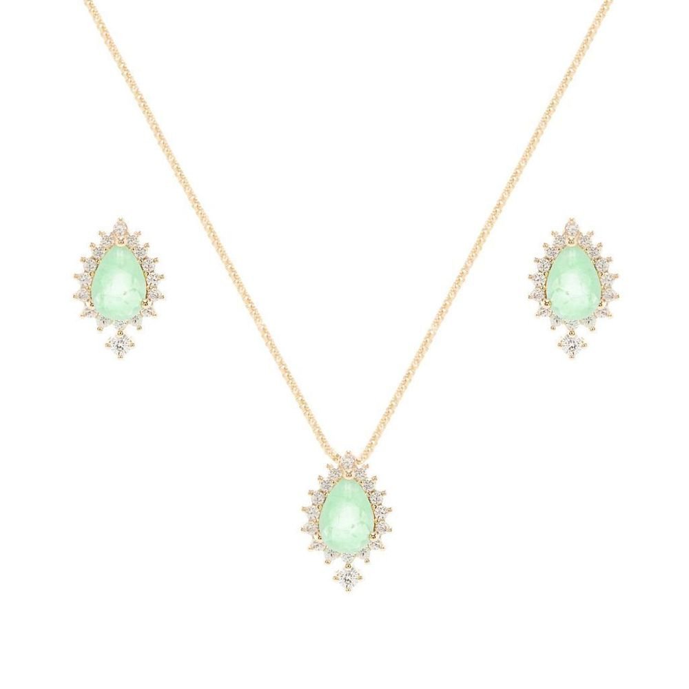 Conjunto Gota Fusion Esmeralda Colombiana Zircônias Semijoia