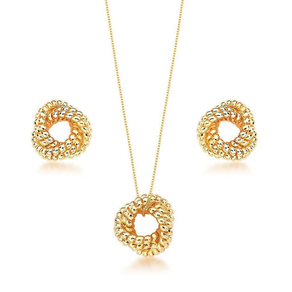 Conjunto Redondo Entrelaçado Com Textura Semijoia Banho Ouro