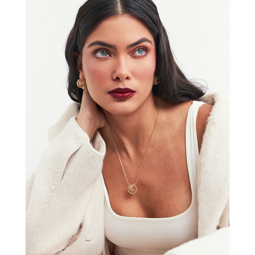 Conjunto Redondo Entrelaçado Com Textura Semijoia Banho Ouro Dourado 2