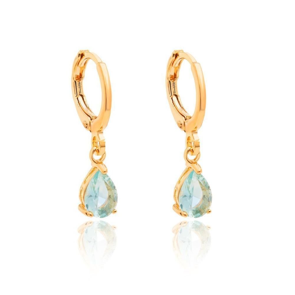 Brinco Argola Pingente Gota Azul Semijoia Dourado 2