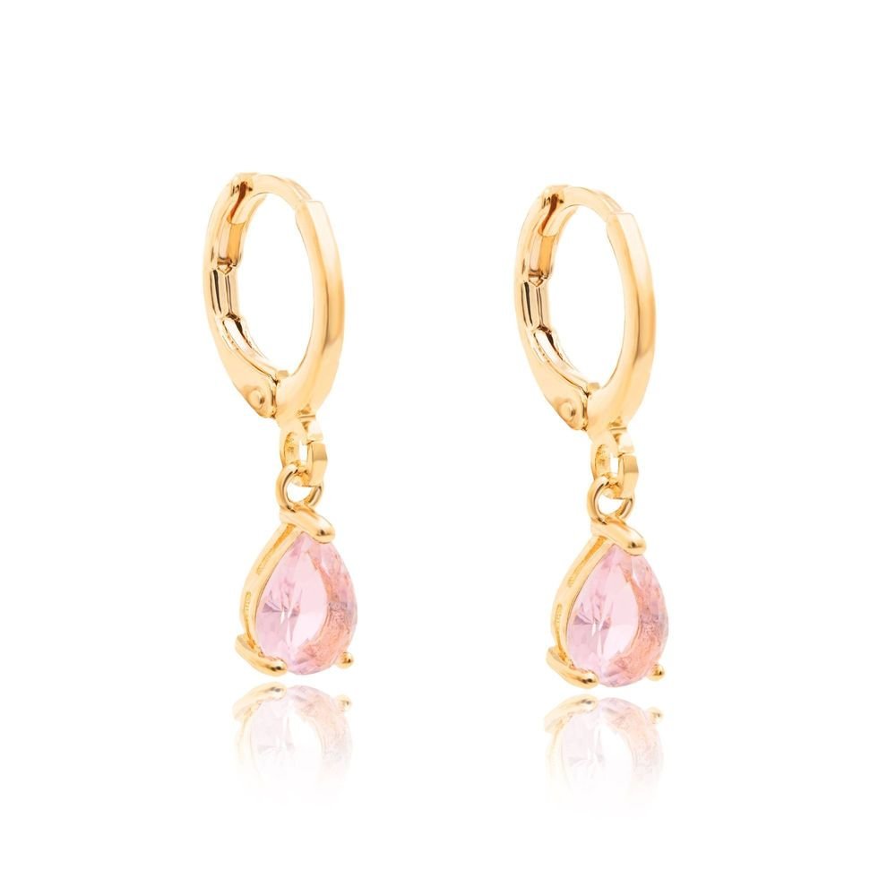 Brinco Argola Pingente Gota Rosa Semijoia Dourado 1