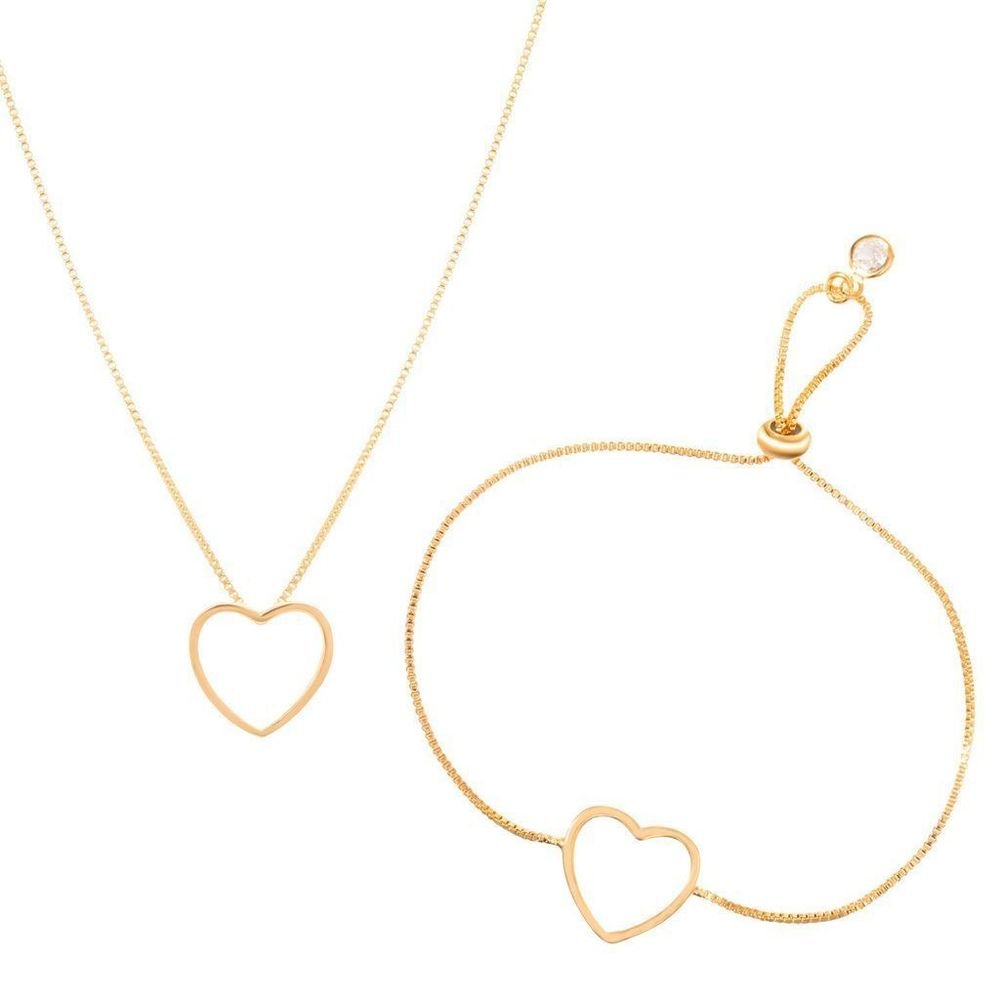 Conjunto Colar Pulseira Coração Vazado Semijoia