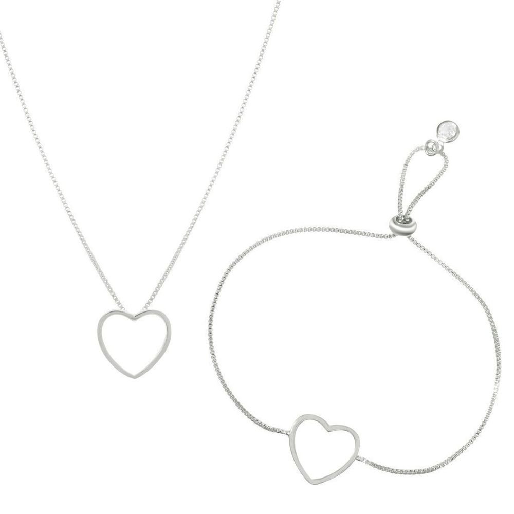 Conjunto Colar Pulseira Coração Vazado Semijoia Rodio