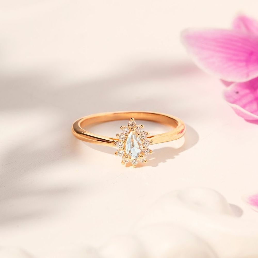 Anel Gotinha Cristal Água Marinha com Zircônias Semijoia Dourado 3