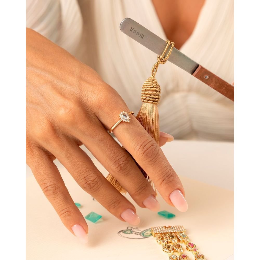 Anel Gotinha Cristal Água Marinha com Zircônias Semijoia Dourado 4