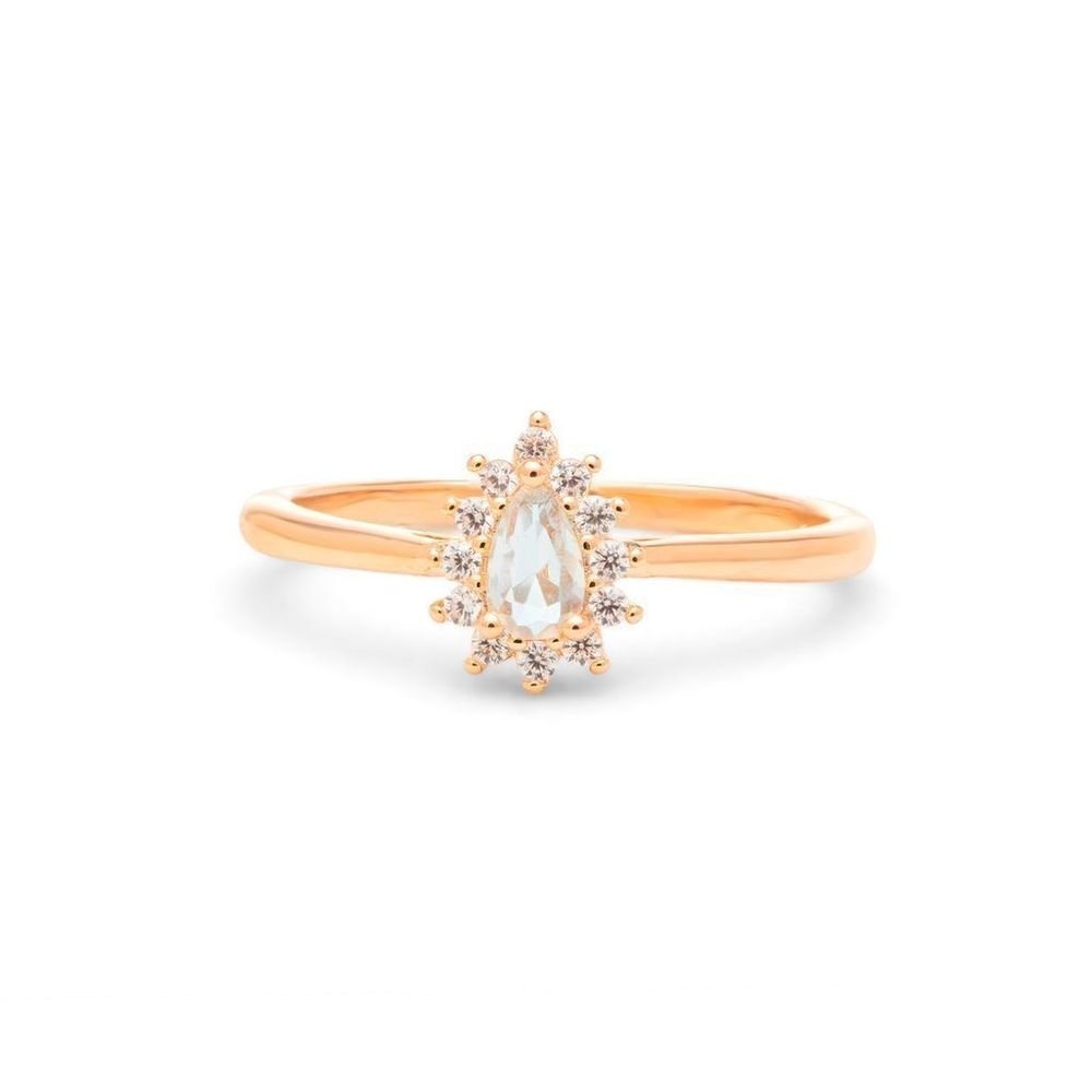 Anel Gotinha Cristal Água Marinha com Zircônias Semijoia Dourado 6