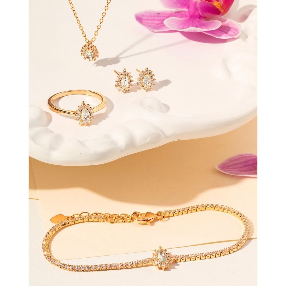 Anel Gotinha Cristal Água Marinha com Zircônias Semijoia Dourado 5