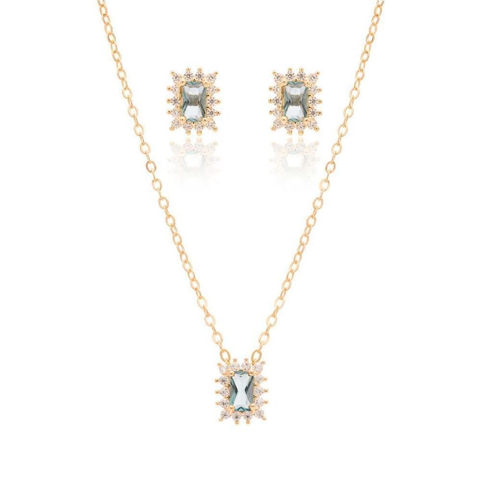 Conjunto Colar e Brinco Cristal Topázio London Blue Semijoia