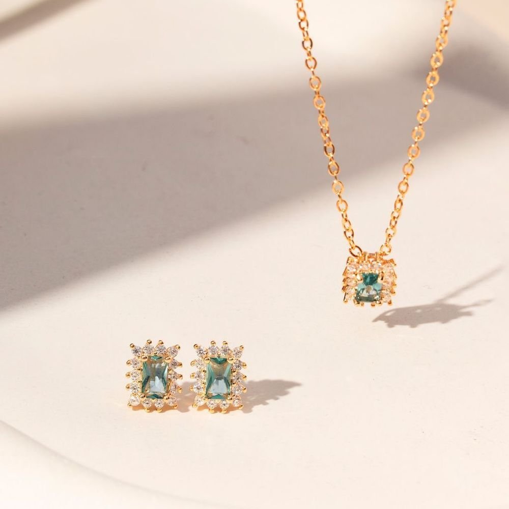 Conjunto Colar e Brinco Cristal Topázio London Blue Semijoia Dourado 4