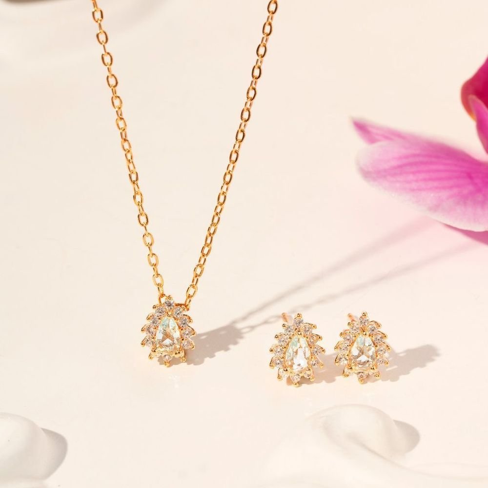 Conjunto Colar e Brinco Gota Cristal Agua Marinha Semijoia Dourado 3