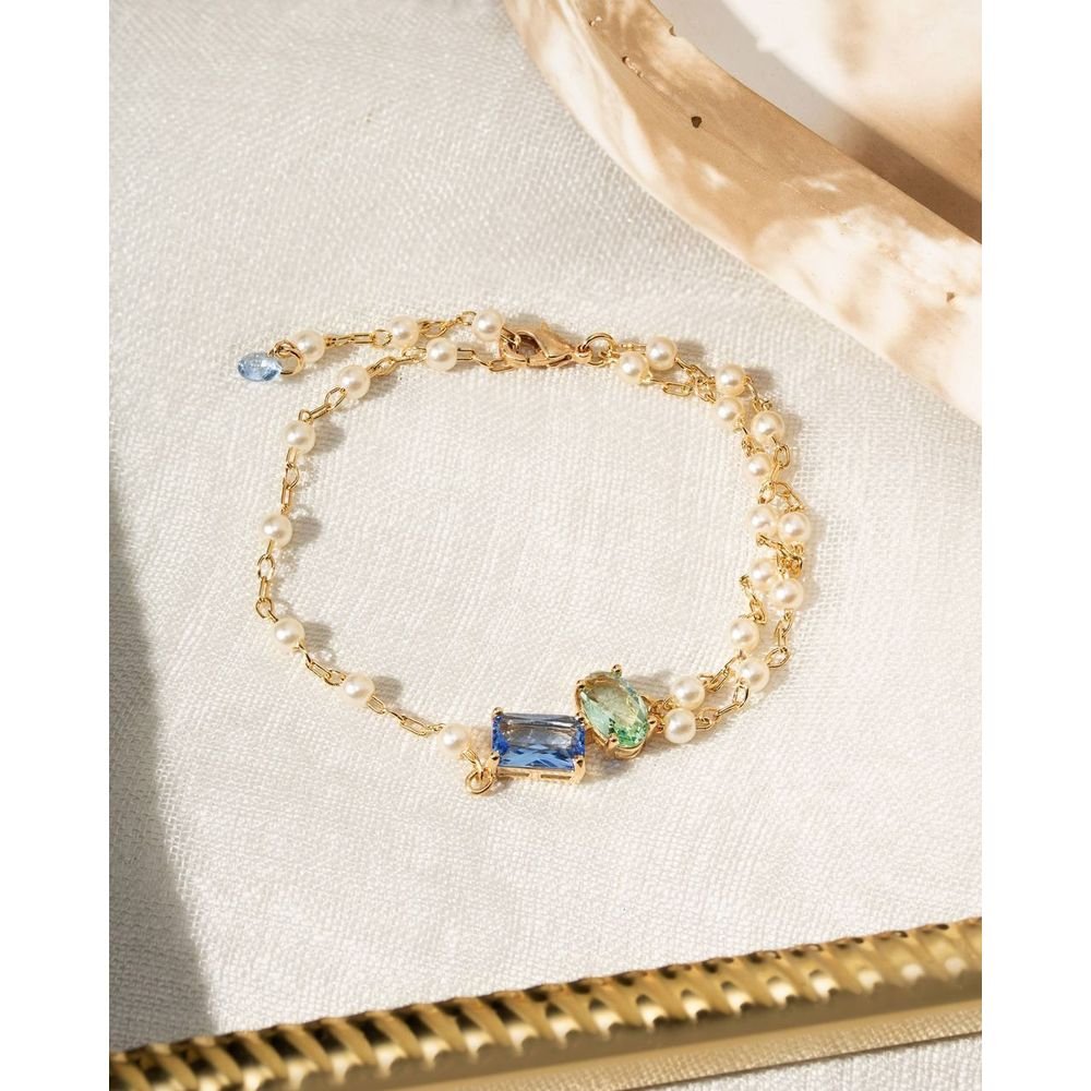 Pulseira Pérolas E Zircônias Berilo Topázio London Semijoia Dourado 2